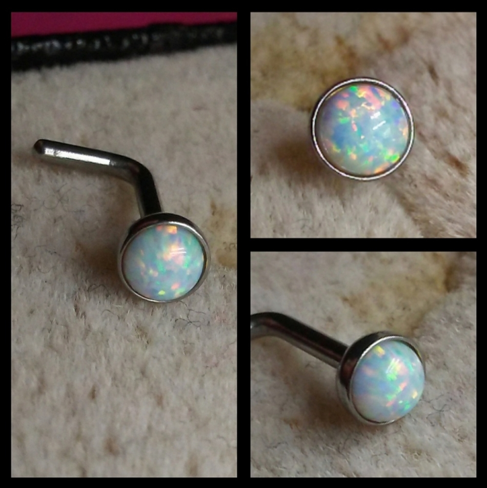 🤍 White Opal Stainless Steel Nose Ring Post L 18g Piercing Body Jewelry